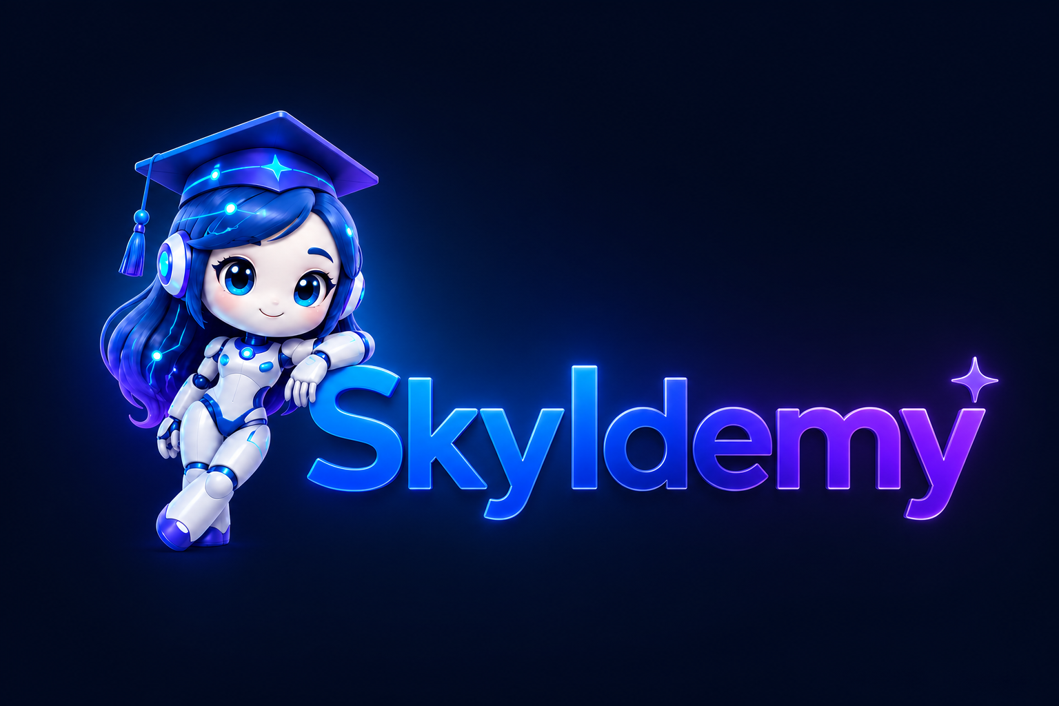 SkyIdemy mascot leaning on the SkyIdemy wordmark