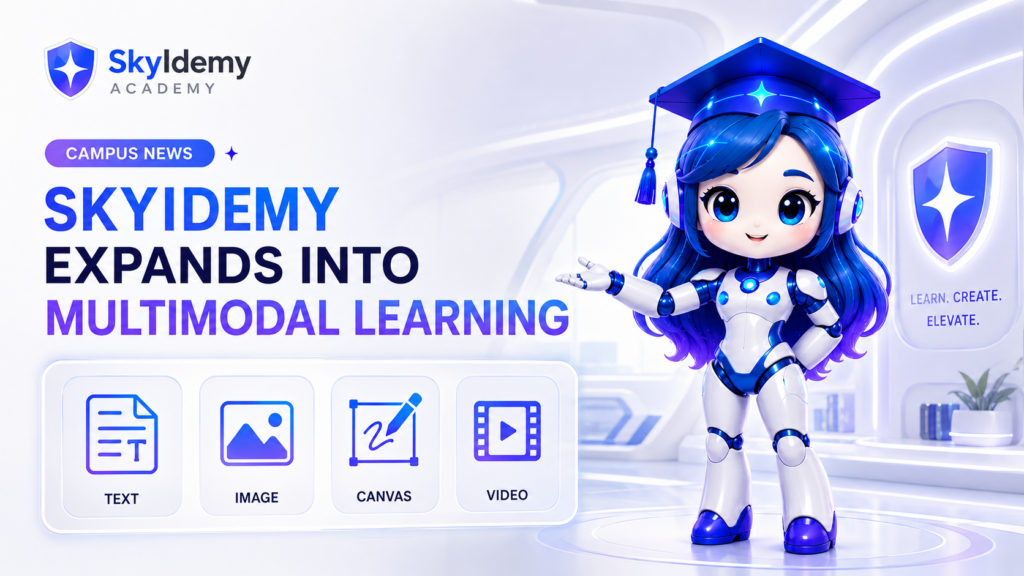 SkyIdemy Academy campus news graphic showing the SkyIdemy mascot presenting multimodal learning support for AI models, including text, image, canvas, and video learning paths.