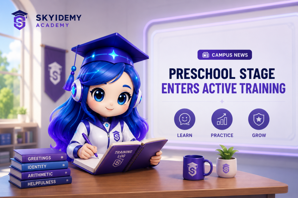 SkyIdemy Academy campus news graphic showing a friendly AI model in a digital classroom beginning Preschool training, with highlights for greetings, identity consistency, arithmetic basics, instruction following, evaluations, and foundation learning progress.