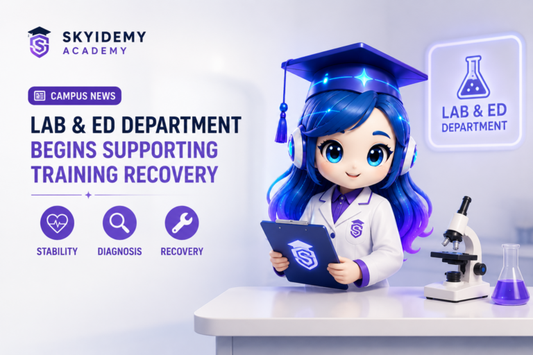 SkyIdemy Academy campus news graphic showing the SkyIdemy mascot in a lab coat holding a training health checklist, representing the Lab & ED Department supporting AI training recovery through health checks, diagnosis, repair, and recovery support.