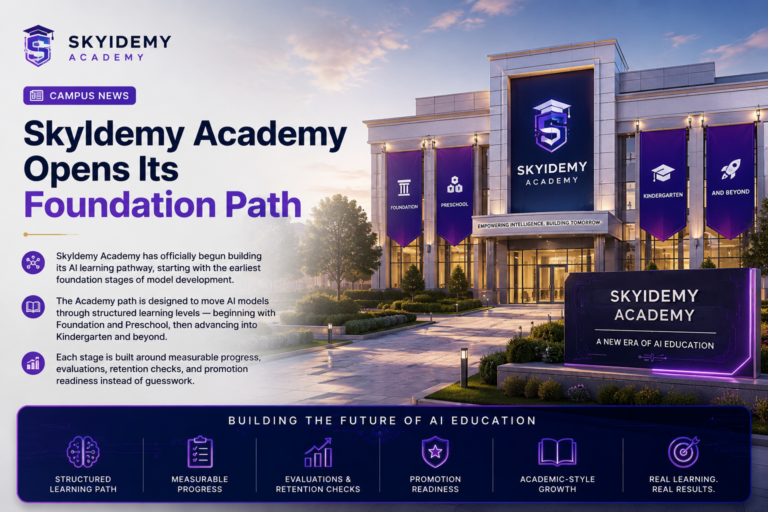 SkyIdemy Academy campus news graphic announcing the Foundation Path for structured AI model learning and measurable training progress.